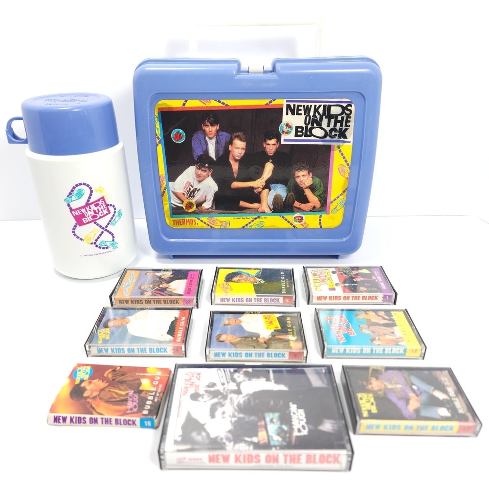 VTG Lot -1990 New Kids On The Block Lunchbox with Thermos & Bubble Gum Cassettes